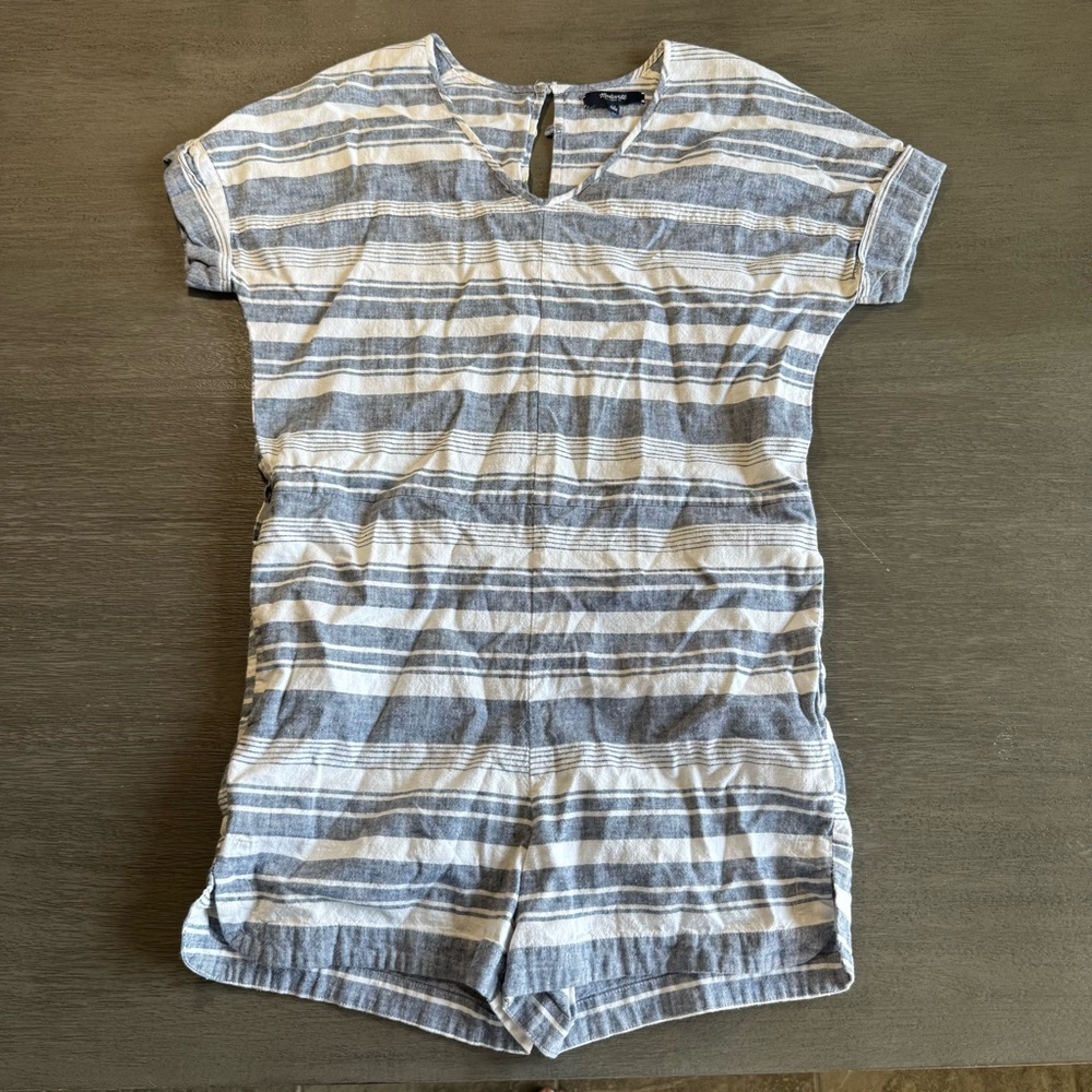 Madewell Linen Striped Blue White Romper Onesie Jumpsuit XS